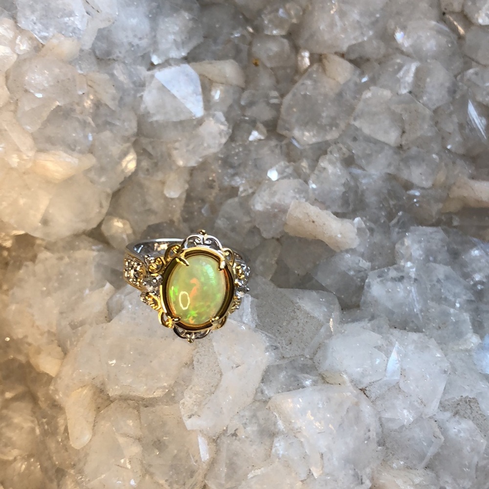 NWOT Gems En Vogue Sterling 18K Ethiopian Opal White Topaz Designer Ring Boho - Picture 10 of 10